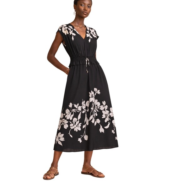 Taylor Dresses & Skirts - Taylor Womens Black Cream Floral V-Neck Smocked Waist Maxi Dress Cap Sleeve